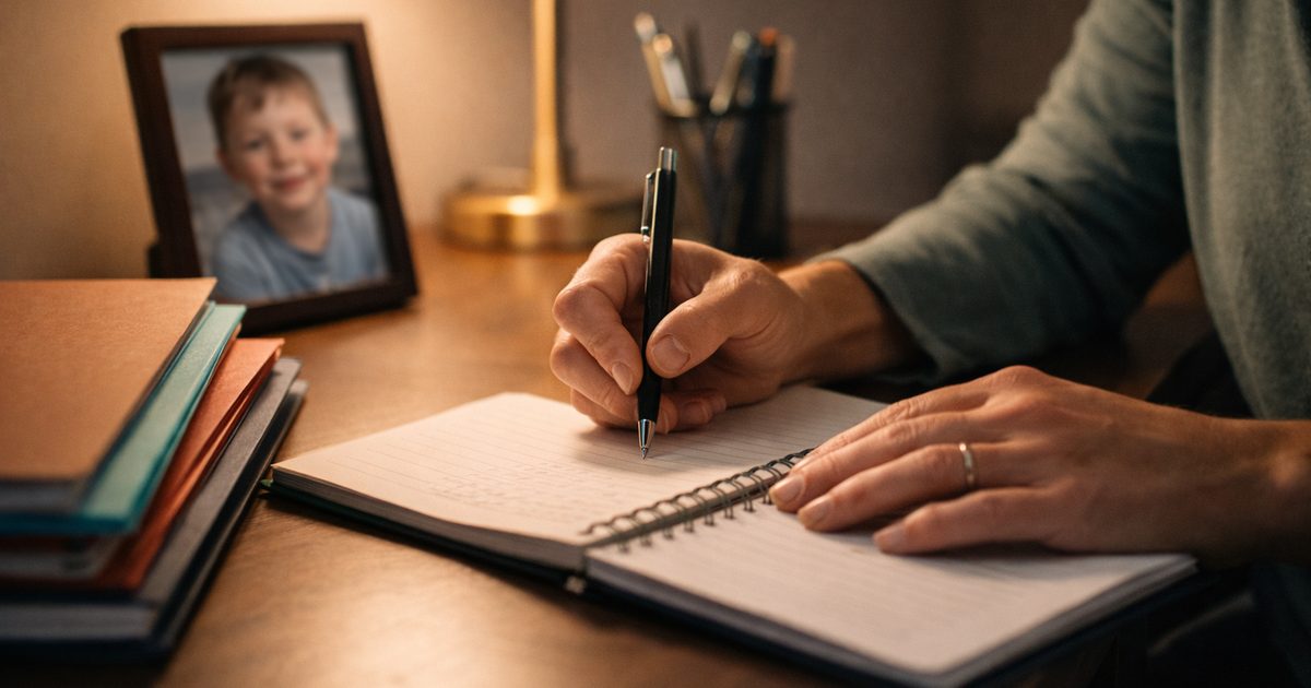 Parent writing notes at a desk while planning their child's special needs trust