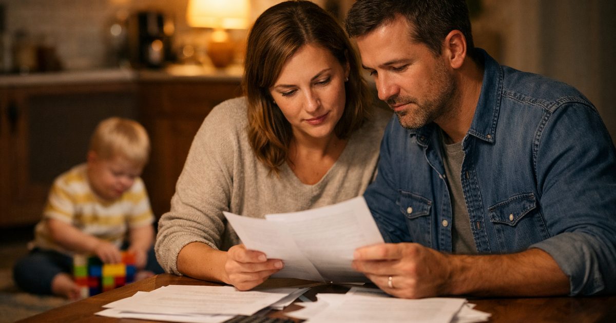 Parents reviewing special needs trust planning binders and documents together at home