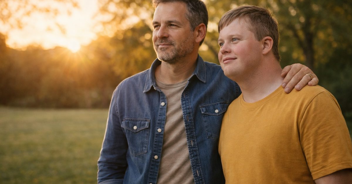 Parent and young adult with intellectual disability walking together outdoors with confidence