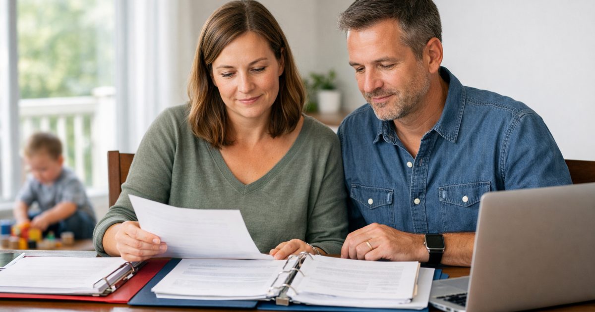 Two parents reviewing special needs trust documents at a kitchen table while their child plays in the background